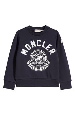 Moncler Kids' World Boxing Logo Cotton Fleece Sweatshirt in Blue Navy