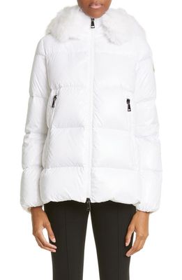 Moncler Laiche Quilted Hooded Down Jacket with Removable Faux Fur Trim in White