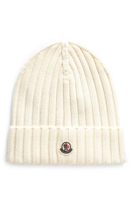 Moncler Logo Patch Cuff Virgin Wool Rib Beanie in White