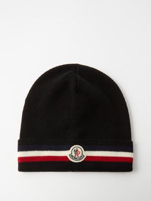 Moncler - Logo-patch Striped-brim Wool Beanie - Mens - Black