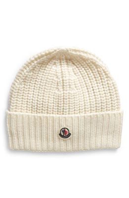 Moncler Logo Patch Virgin Wool Beanie in White