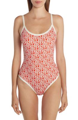 Moncler Logo Print One-Piece Swimsuit in Orange Multi