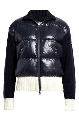 Moncler Mixed Media Quilted Down Cardigan in Blue Navy