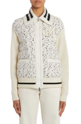 Moncler Quilted Bouclé & Knit Letterman Cardigan in Ivory/White