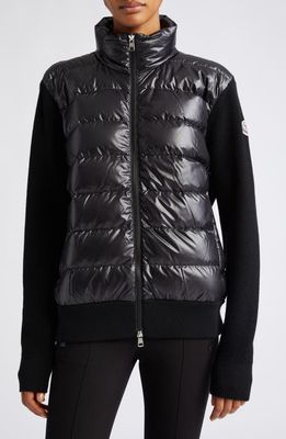 Moncler Quilted Mixed Media Down & Wool Cardigan in Black