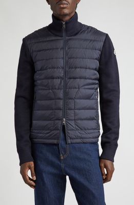Moncler Quilted Nylon & Knit Cardigan in Navy
