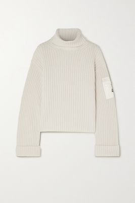 Moncler - Shell-trimmed Ribbed Wool Turtleneck Sweater - White