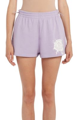 Moncler Splatter Logo Cotton Blend Graphic Sweat Shorts in Purple