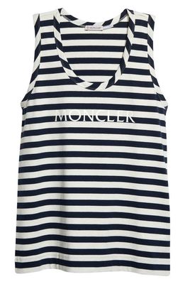 Moncler Stripe Logo Cotton Rib Tank Top in Blue/White Multi