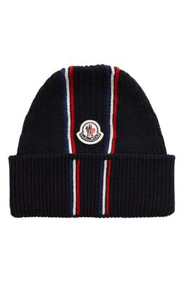 Moncler Tricolor Stripe Wool Beanie in Blue