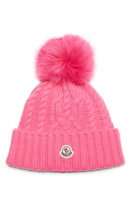 Moncler Virgin Wool & Cashmere Rib Beanie with Faux Fur Pompom in Pink