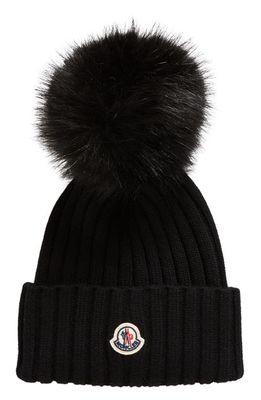 Moncler Virgin Wool Rib Beanie with Faux Fur Pompom in Black