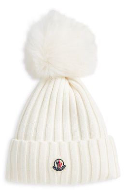 Moncler Virgin Wool Rib Beanie with Faux Fur Pompom in White