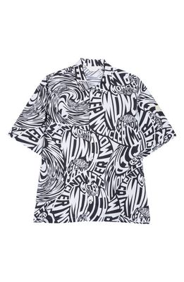 Moncler Wavy Logo Print Short Sleeve Cotton Poplin Button-Up Shirt in Black White Wavy Print