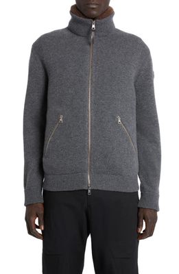 Moncler Wool Down Cardigan with Removable Genuine Shearling Trim in Silver Gray Melange