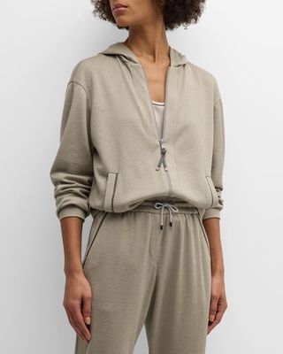 Monili-Trim Cotton-Silk Felpa Hooded Zip Jacket