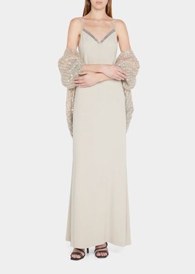 Monili-Trim Empire-Waist Silk Crepe Gown