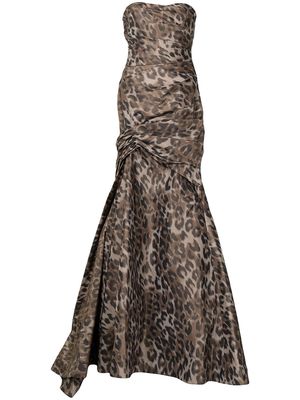 Monique Lhuillier cold-shoulder leopard print gown - Brown