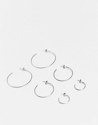 Monki 3 pack hoop earrings in silver
