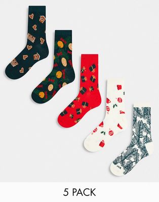 Monki 5 pack Christmas print socks in green, red and beige-Multi