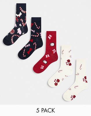 Monki 5 pack christmas print socks in navy blue, red and beige-Multi