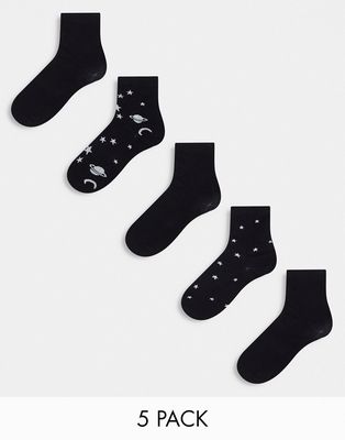 Monki 5 pack planet and star print socks in black