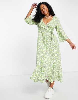 Monki Amanda viscose ditsy floral print midi wrap dress in green - MGREEN