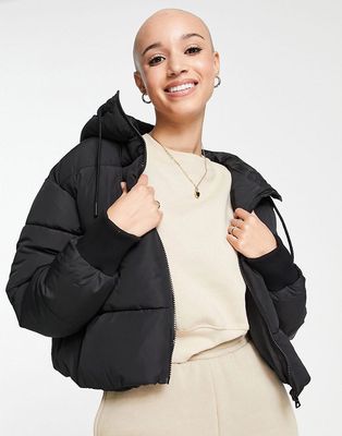 Monki Amber short padded jacket with hood in black