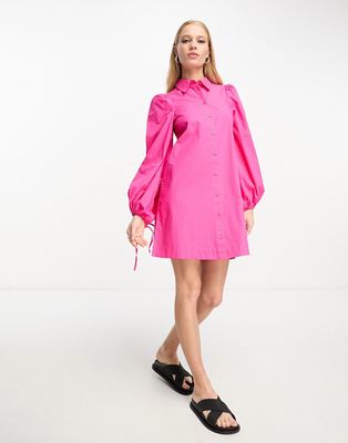 Monki balloon sleeve mini shirt dress in pink-Blue