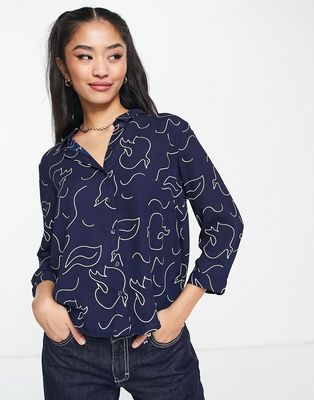 Monki blouse in navy bird print