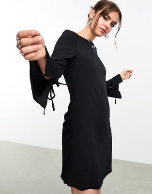 Monki boat neck long sleeve mini dress with trumpet sleeves in black