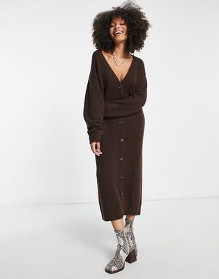 Monki button through knitted midi dress in brown