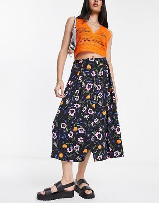 Monki button through midi skirt in black floral print-Multi
