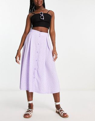 Monki button through midi skirt in lilac ditsy-Purple