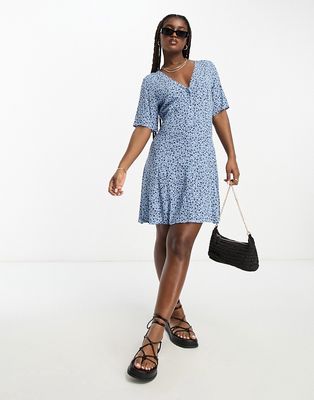 Monki button up mini dress in meadow blue floral