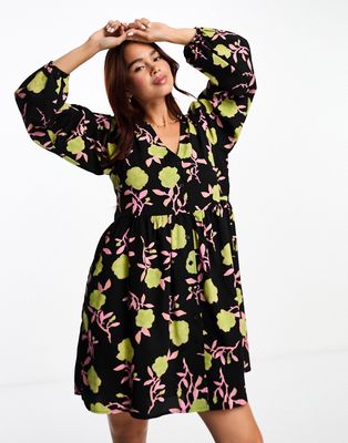 Monki button up mini dress with puff sleeves in black rose print