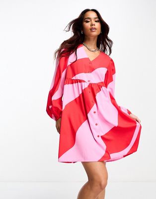 Monki button up mini dress with puff sleeves in pink and red wavy print-Multi