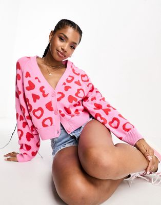 Monki cardigan in pink with red and white hearts