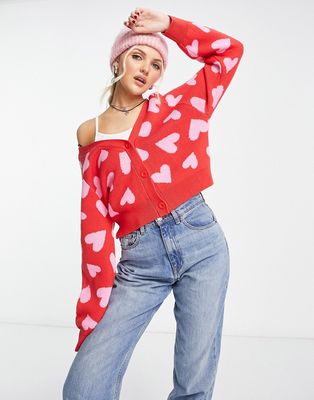 Monki cardigan in red with pink hearts