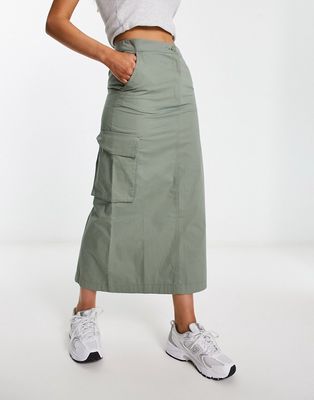 Monki cargo midi skirt with front pockets in khaki green