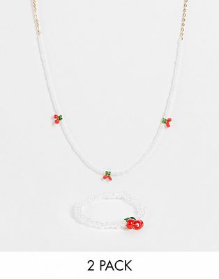 Monki cherry necklace and ring pack-White