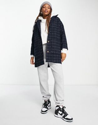 Monki collared coat with patch pockets in navy grid plaid