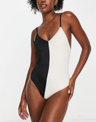 Monki color block swimsuit in black and beige-Multi
