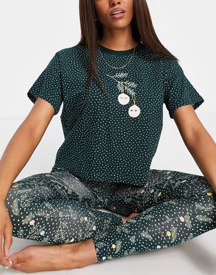 Monki cotton Christmas pine print T-shirt and leggings pajama set in green - MGREEN