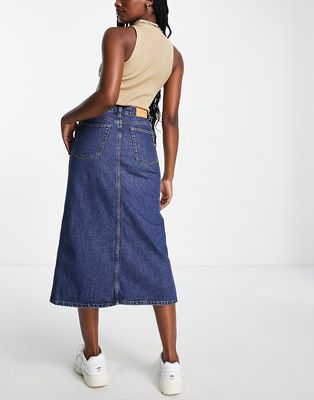 Monki cotton denim midi skirt with split in blue