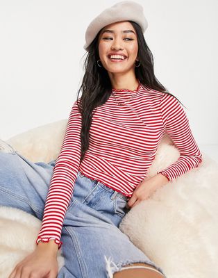 Monki cotton lettuce edge top in red and white stripe - RED