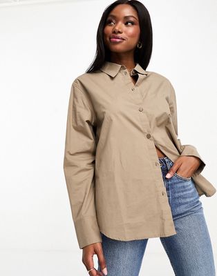 Monki cotton long sleeve blouse in taupe-Neutral