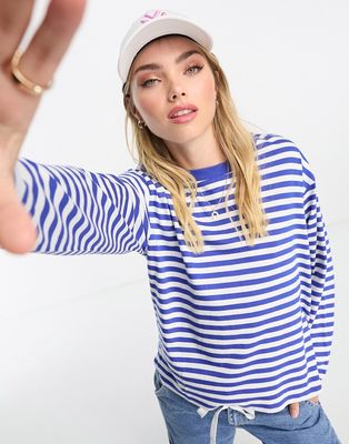 Monki cotton long sleeve striped top in blue and white