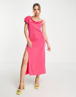 Monki cowl front midi dress in bright pink
