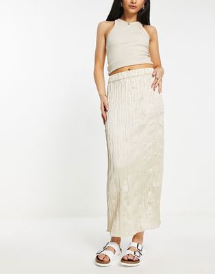 Monki crinkle midi skirt with split in beige-Neutral